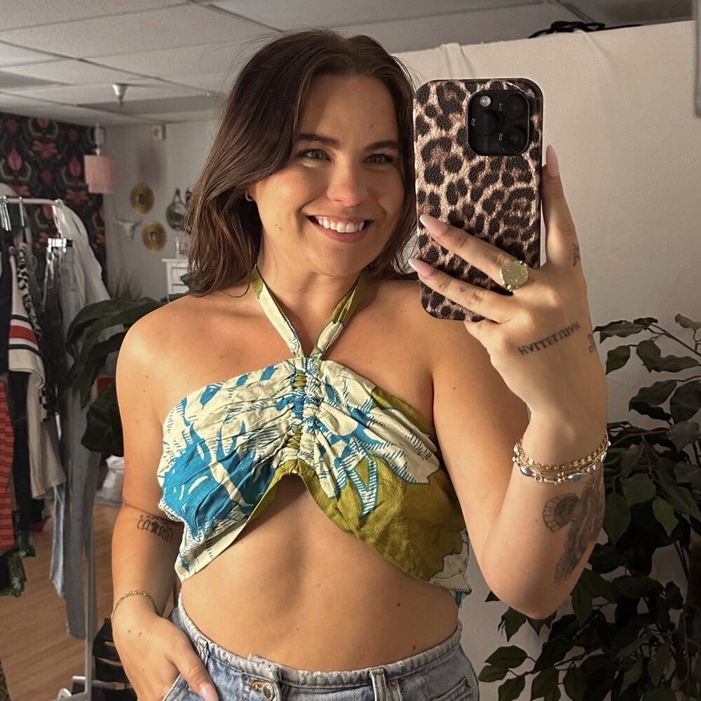 Anthropologie Printed Halter Crop Top Green Blue FloralSize 1X